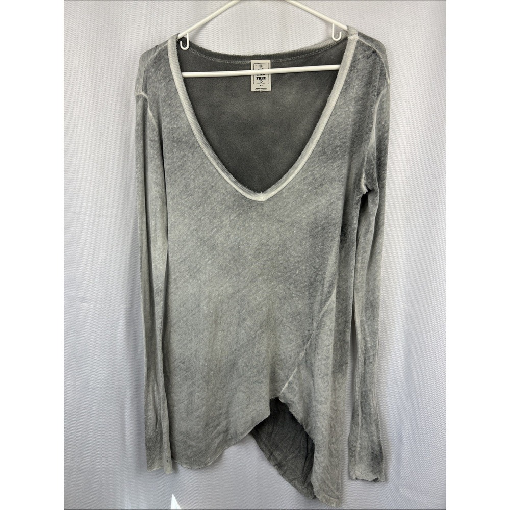 We The Free People Grey Long Beach V-Neck Tulip Hem Long Sleeve Top Small Boho
